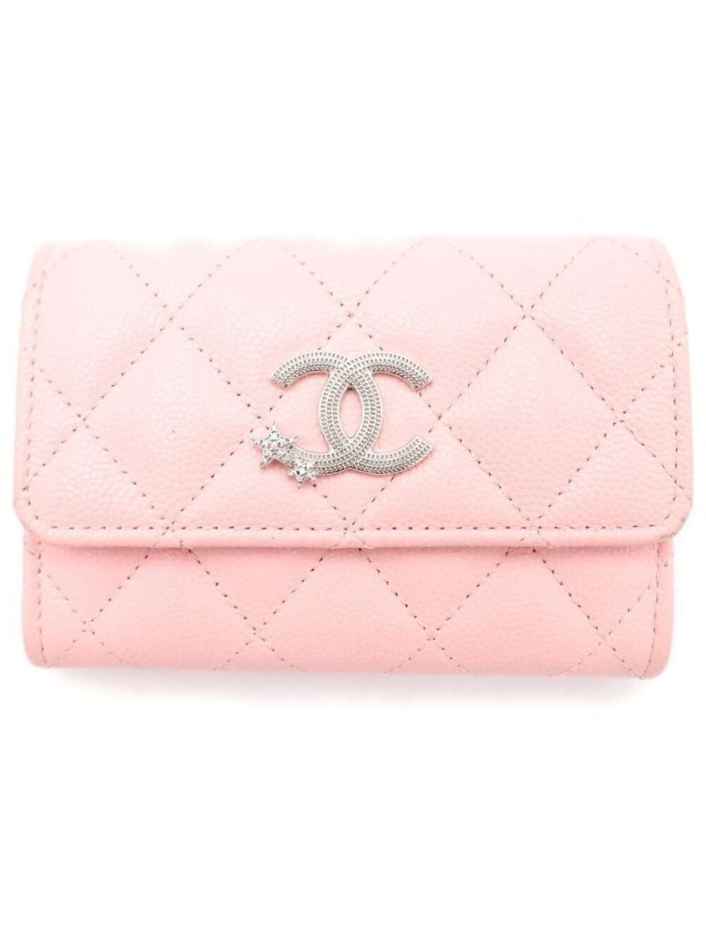 Chanel Quilted Star Coco Trifold Wallet Card Case Compact Pink Caviar Leather